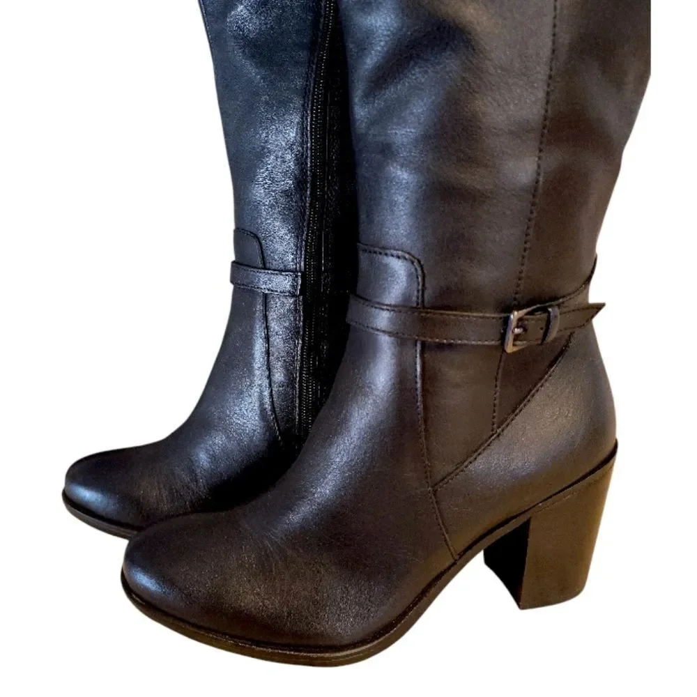 Naturalizer Kalina Black Leather Wide Calf Block Heel Knee High Boot 7.5 NWT